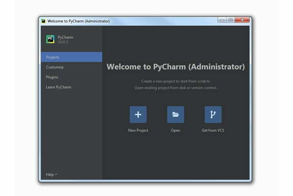 Welcome page of Pycharm IDE