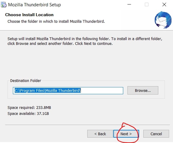 مکان نصب نرم افزار thunderbird بر روی ویندوز